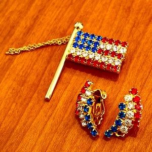 American Flag Red White Blue Rhinestone Brooch & Clip Earrings Gold Tone Setting